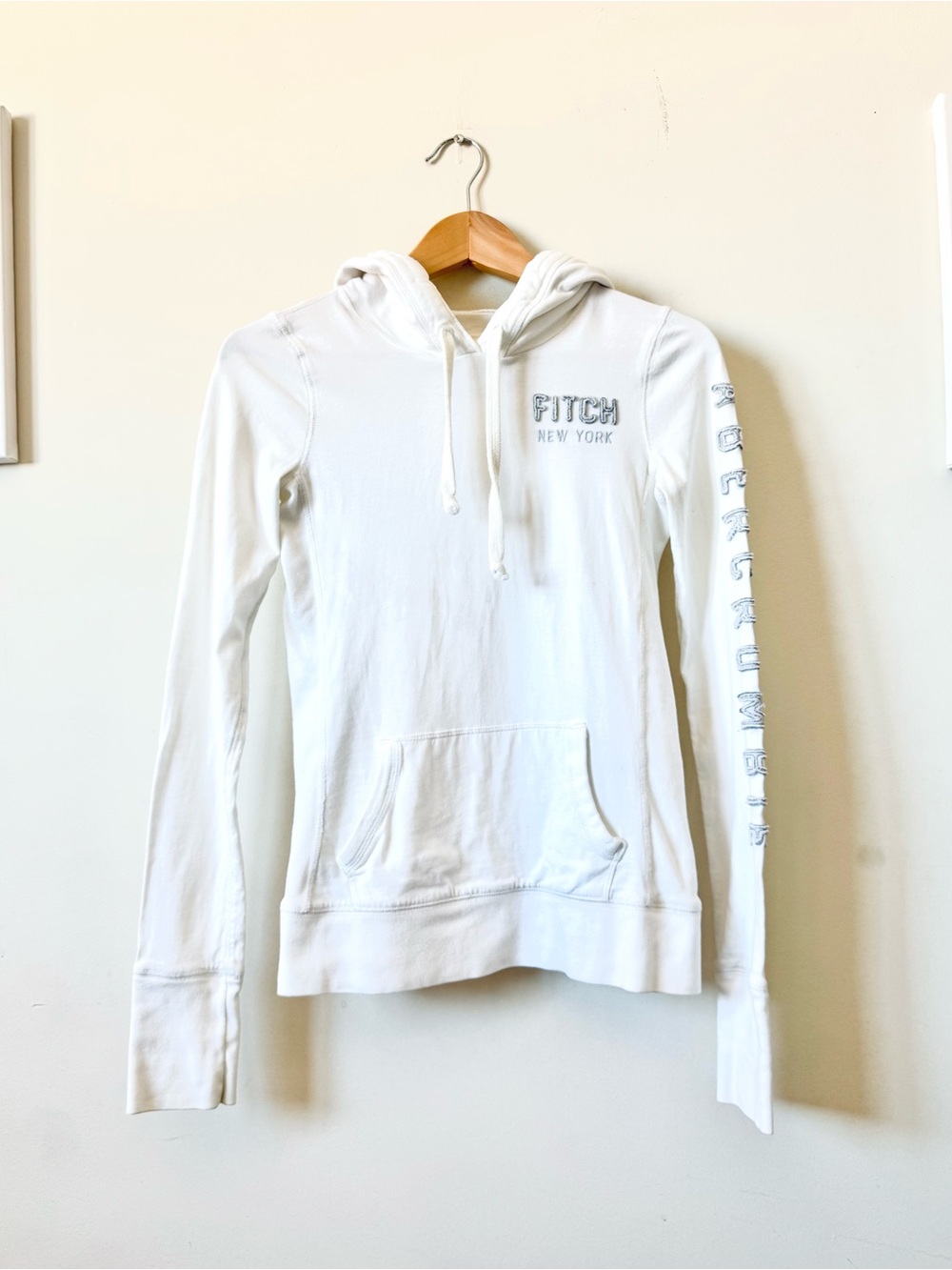 Vintage Abercrombie & Fitch White 100% Cotton Logo Pullover Hoodie Size Small